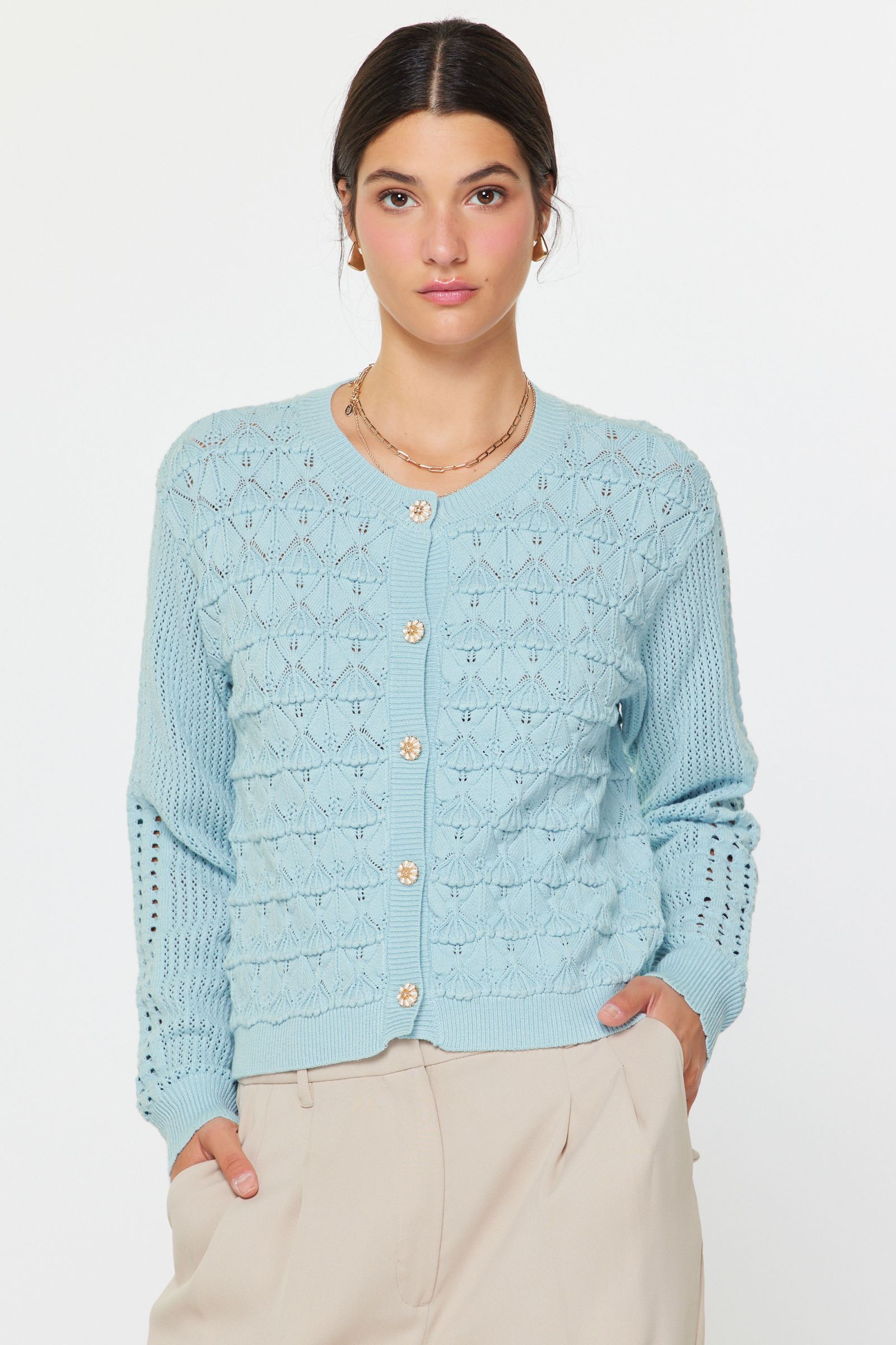 トップス BUTTON HOLE KNIT CARDIGAN - SKY BLUE Sky Blue Cardigan - Emma's Shoes & Accessories