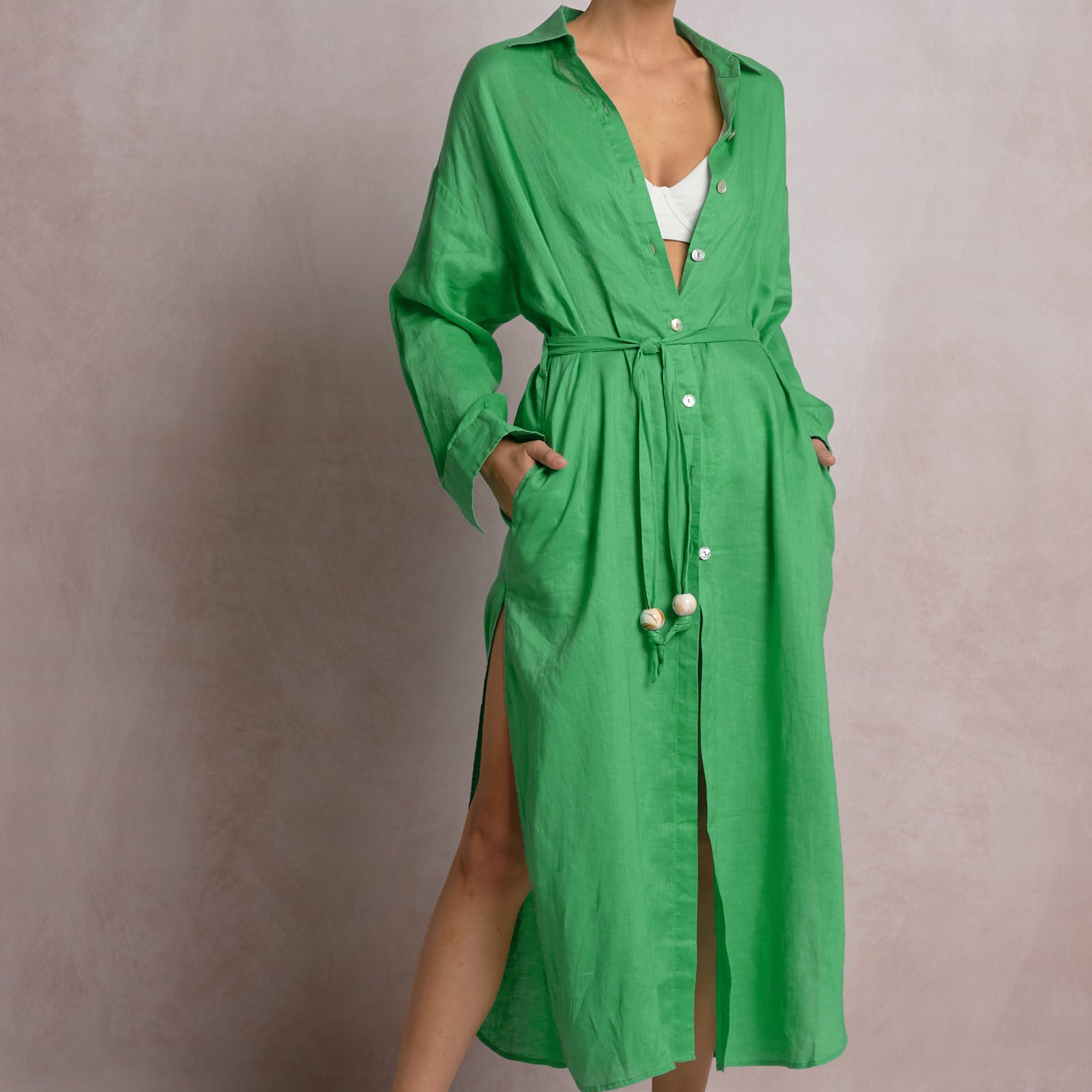 Elan Women's Long Sleeve Linen Maxi Shirtdress - Green - Maxi dresses Elan Women's Long Sleeve Linen Maxi Shirtdress - Green - Maxi dresses