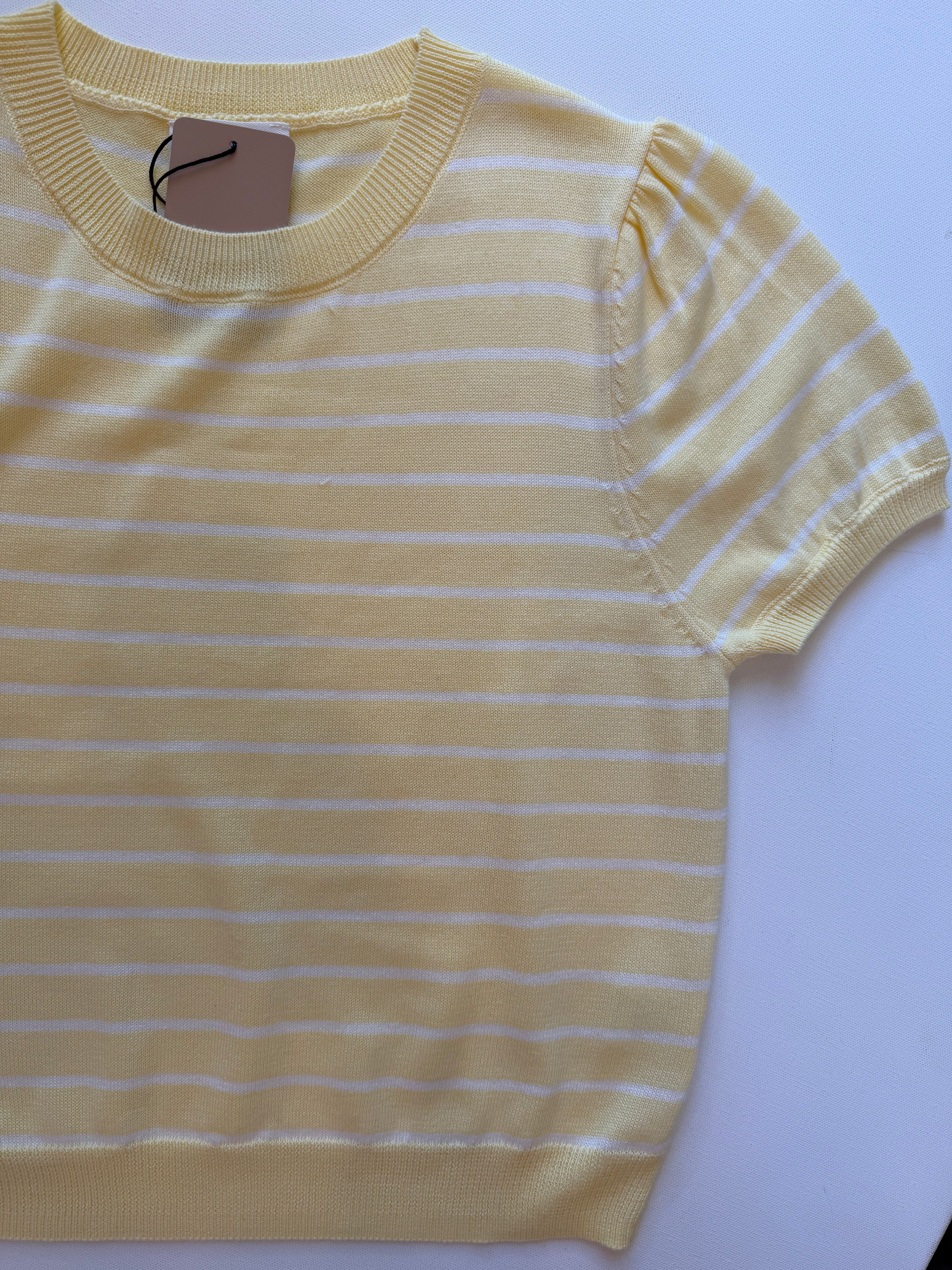 Striped Butter Yellow Short Sleeve Sweater - Emma's Shoes