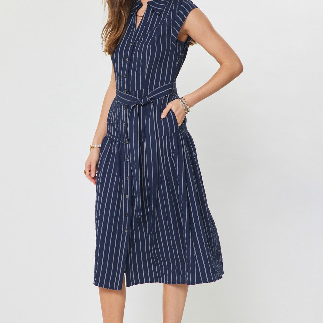 solid striped cotton navy dresses Everyday Classic Stripe Midi Dress in Navy
