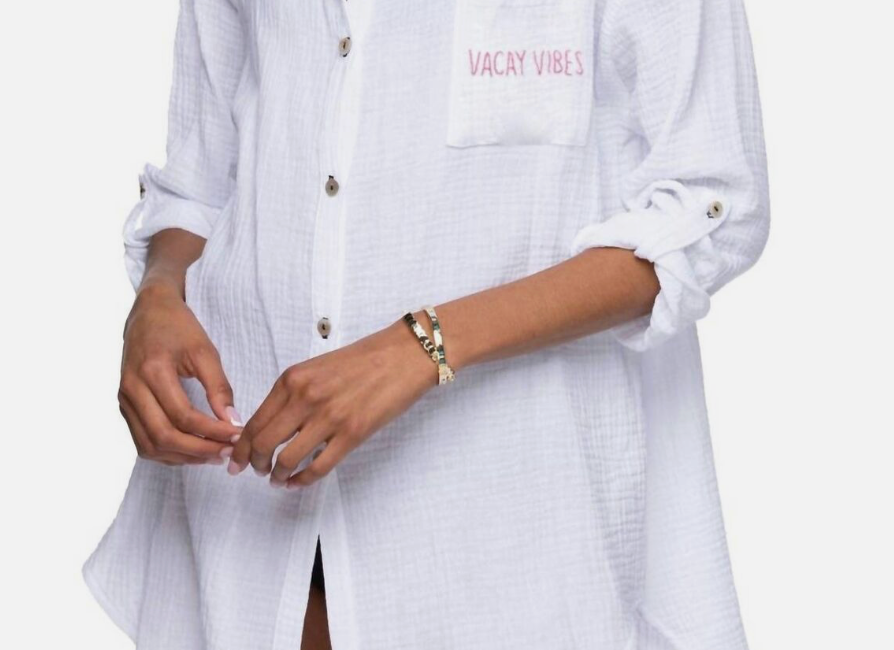 Your new go-to shirt dress is made from washed double gauze cotton and  will become your go to style for beach living.  It is oversize, rolled sleeve detail, hand stitch embroidery on pocket and shell buttons with multi color thread details make it the perfect shirt.  