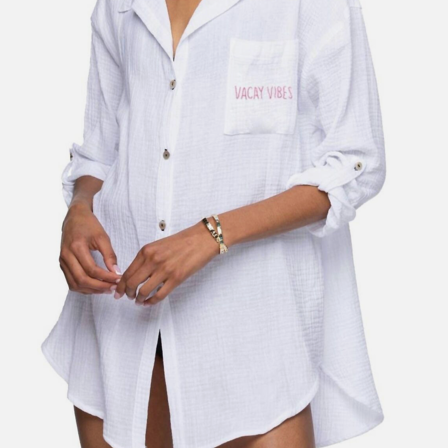 Your new go-to shirt dress is made from washed double gauze cotton and  will become your go to style for beach living.  It is oversize, rolled sleeve detail, hand stitch embroidery on pocket and shell buttons with multi color thread details make it the perfect shirt.  